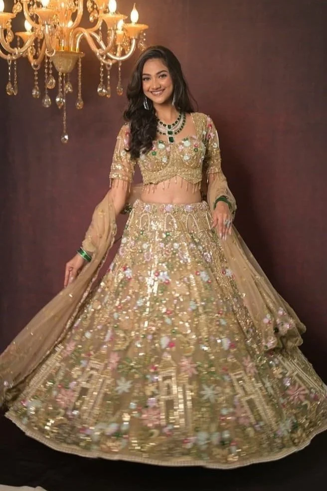 Gallery bmby wear bombay wear golden bridal lehenga floral embroidery mumbai
